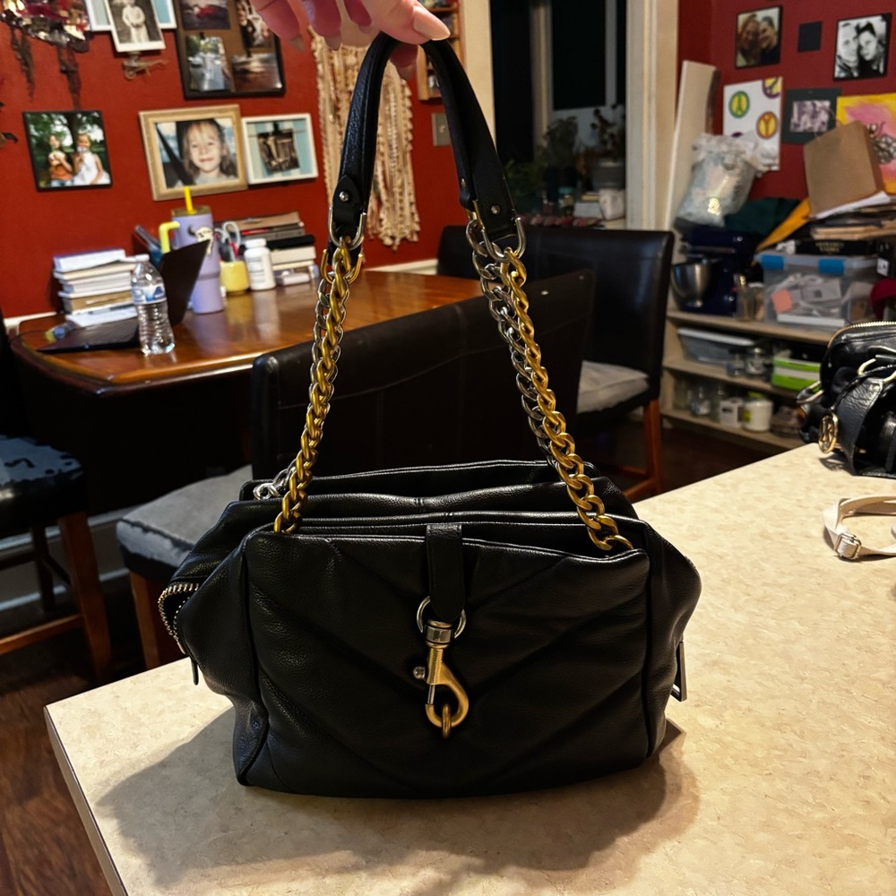 Black Leather Rebekah Minkoff Chevron Handbag with Gold & Silver Chain